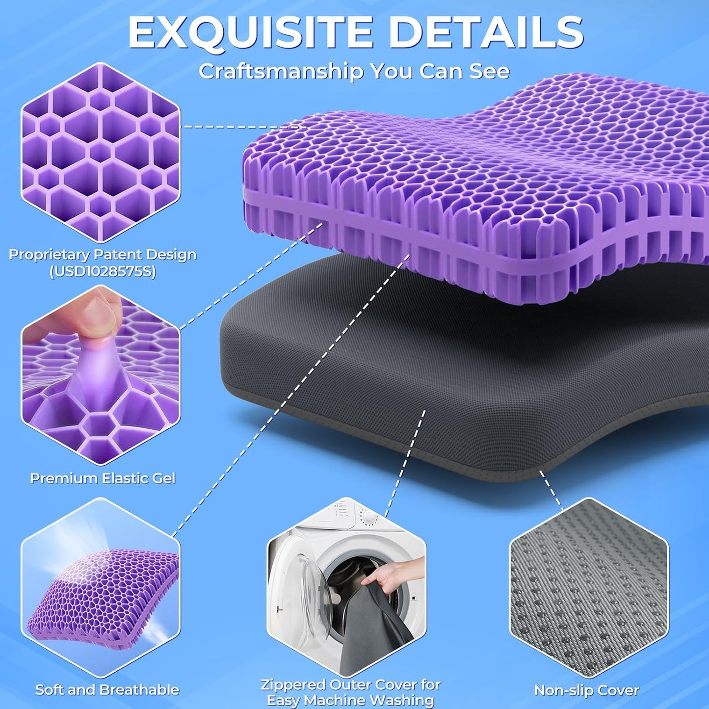 TushGuard Gel Seat Cushion for Long Sitting, Enlarged & Thickened Patent Design Office Chair Seat Cushion, Breathable Cooling Pads for Chairs, Soft Car Cushions for Wheelchair(XX-Large, Grey)