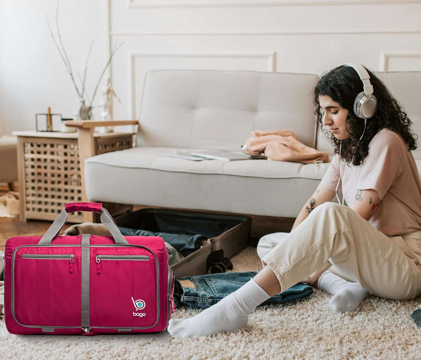 Bago Foldable Duffel Bags for Traveling Women & Men - 40L Sports Packable Duffle Bag for Travel with Shoe Compartment - Water Repellant, Heavy Duty, Lightweight Folding & Collapsible (Pink)