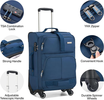 Hanke 20 Inch Softside Expandable Carry On Luggage with Spinner Wheels, Rolling Suitcase Travel Luggage with TSA Approved Luggage,Blue