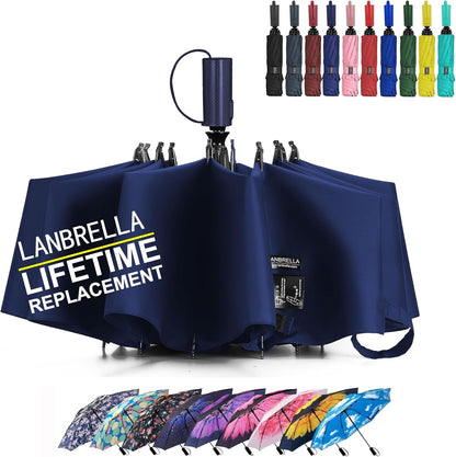 LANBRELLA Compact Reverse Folding Umbrella Auto Windproof Travel Umbrella