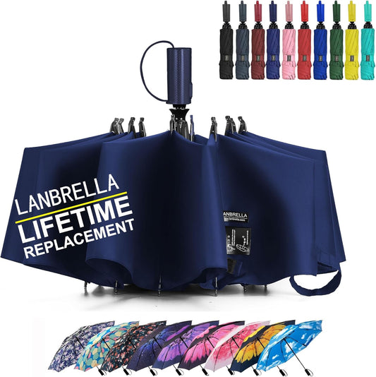 LANBRELLA Compact Reverse Folding Umbrella Auto Windproof Travel Umbrella