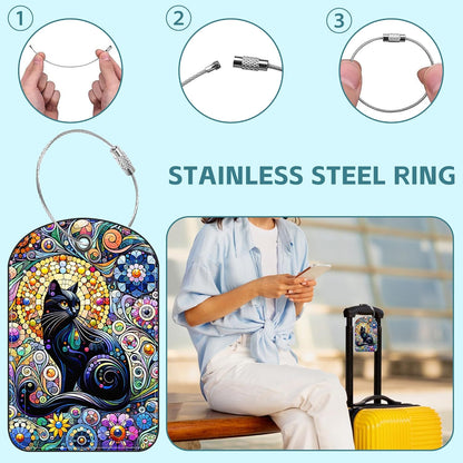 2 Pack Cute Luggage Tag for Suitcases Black Cat Leather Luggage Tags with Stainless Steel Loop Privacy Flap Name Tags,Men and Women Travel Bag Suitcase Tags