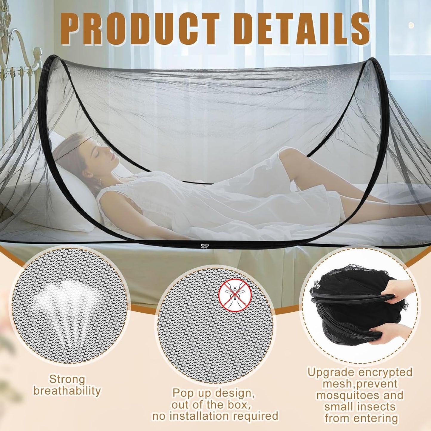2 Pcs Large Pop up Mosquito Tent Portable Foldable Mosquito Bug Net for Bed Camping Travel Patio Outdoor 78 * 31 * 22 Inch Bug Netting Mesh Tent Canopy for Adults Baby Bedroom, Black