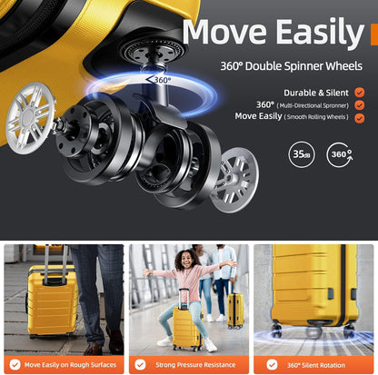 SHOWKOO Luggage Sets Expandable PC+ABS Durable Suitcase Sets Double Spinner Wheels TSA Lock Yellow 3pcs