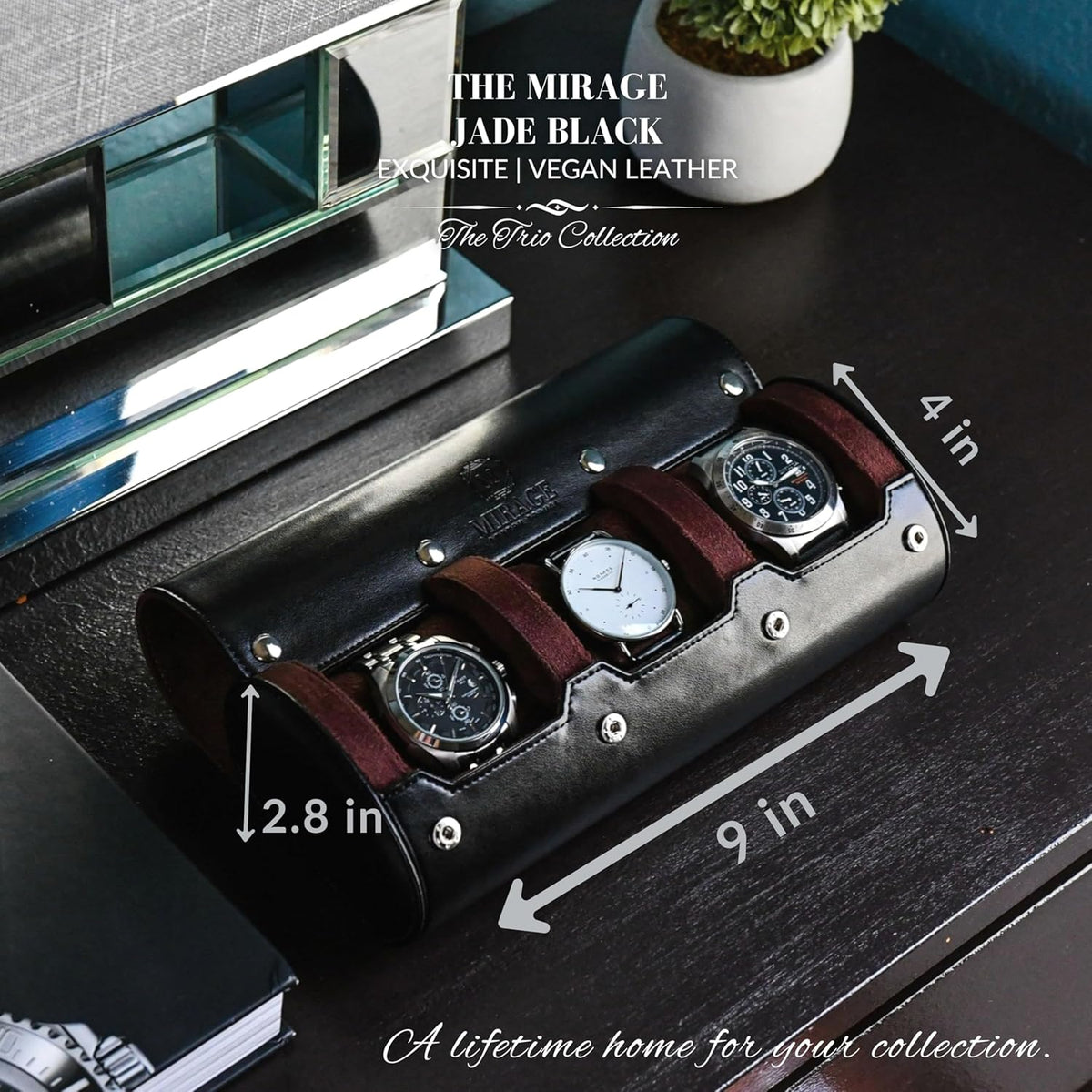 Watch Roll Case Organizer - Watch Travel Case for Men and Women - 3 Watch Carrying Case and Display - Jade Black with Mahogany Brown Interior Vegan Leather