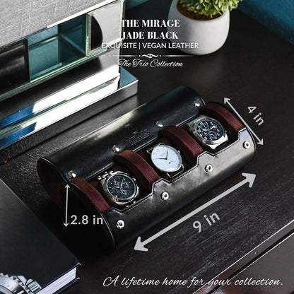 Watch Roll Case Organizer - Watch Travel Case for Men and Women - 3 Watch Carrying Case and Display - Jade Black with Mahogany Brown Interior Vegan Leather