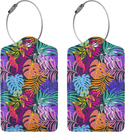 2PC Tropical Leaves Luggage Tags for Travel, Colorful Summer Scenery Suitcase Tag Privacy Name ID Card Quick to Find Out Travel Bag Labels for Holiday Honeymoon Wedding