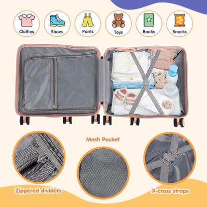 Kids Ride-On Luggage, 20" Hardshell Carry-On Suitcase with 6 Spinner Wheels, Foldable Pedal, Hidden Cup Holder & Combination Lock for Toddlers & Children (Pink, 20-inch)