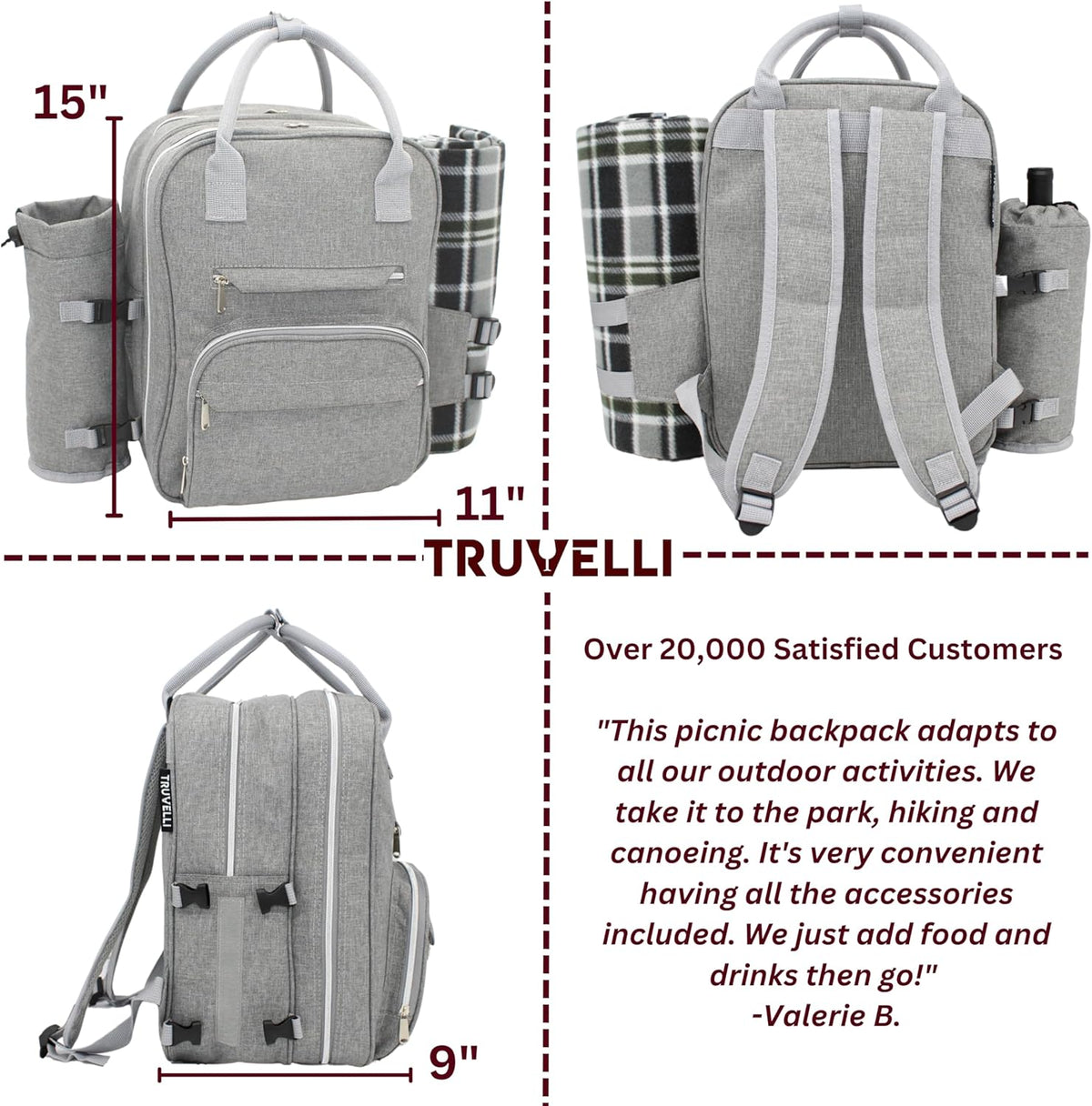 Truvelli Picnic Backpack for 2 with Blanket – 12-in-1 Insulated Picnic Basket Backpack Set with‬ Wine Holder, Cutlery & Cheese Board – Luxury Picnic Back Pack for Couples, Outdoor‬ Adventures, Gray