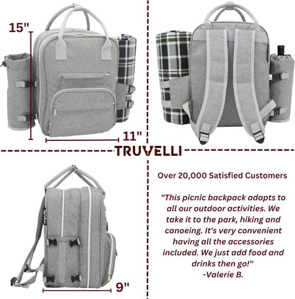 Truvelli Picnic Backpack for 2 with Blanket – 12-in-1 Insulated Picnic Basket Backpack Set with‬ Wine Holder, Cutlery & Cheese Board – Luxury Picnic Back Pack for Couples, Outdoor‬ Adventures, Gray