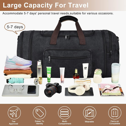 Felipe Varela 60L Duffle Bag for Men, Large Canvas Expandable Duffle Bag for Travel, Mens Carry on Luggage Weekender Gym Overnight Duffel Bags for Traveling, Black