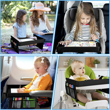 Children Auto Lap Pad - Travel Tray Tablet Holder，Car Seat Lap Tray for Toddlers, Kids，Use on Airplanes, Road Trips, Lap Desk，Tablet Holder and Carry Bag (Black)