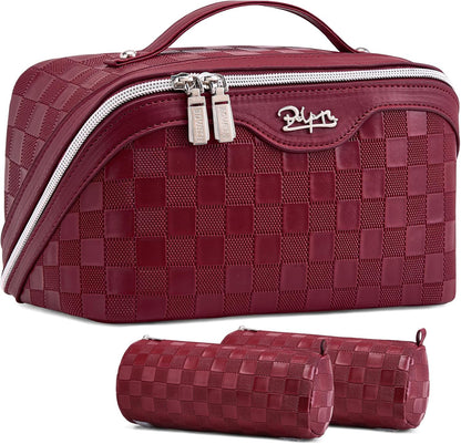 Travel Makeup Bag Organizer Cosmetic Bag: 3 Pcs Set Make up Bags for Women with Handle - Waterproof Vegan Leather Toiletry Bags with Comparments (C-11-Red)