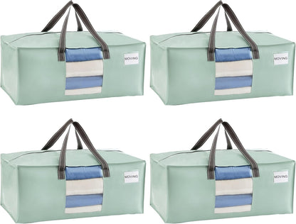 VENO 4 Pack Moving Bags for College, Heavy-Duty Storage Totes, Moving Boxes and Wardrobe Packing Supplies Alternative - Extra Large Durable Laundry Bags for Clothes (Shiny Light Green, 4 Pack)