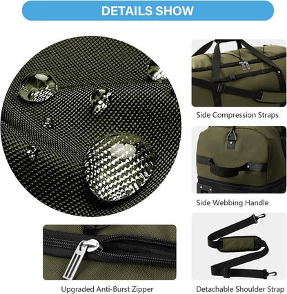 Vomgomfom Wheeled Collapsible Duffel Bag,110L-140L Expandable Checked Luggage, No-Telescopic-Handle with Anti-Burst Zipper & Reinforced Frame,Army Green