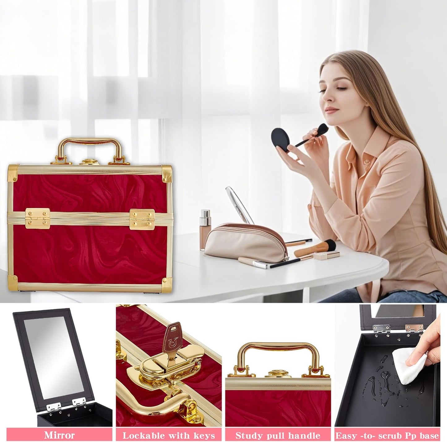 Makeup Train Case, Portable Makeup Case with Mirror, 2-Trays Cosmetic Organizer Case,Nail Polish Organizer, Travel Makeup Box, Profesional for Salon Barber, Pattern Red