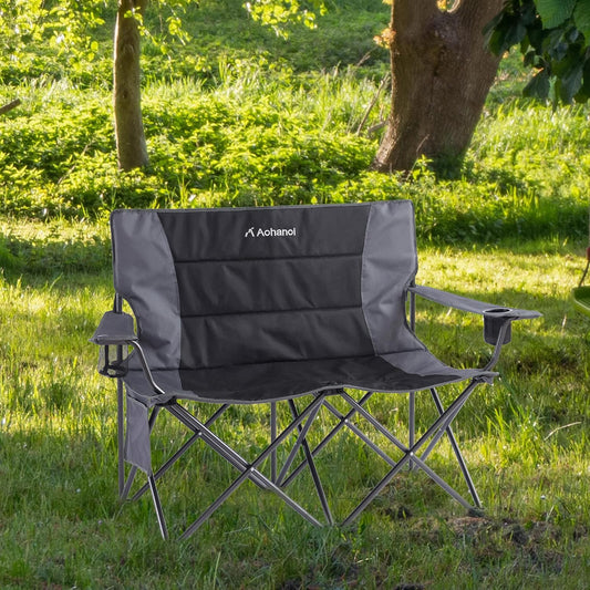 Oversized Double Camping Chairs for Adults, 2 Person Padded Folding Camp Chairs with 2 Cup Holders, Side Pocket for Outside, Picnic, Lawn, Big Heavy Duty Outdoor Loveseat, Black
