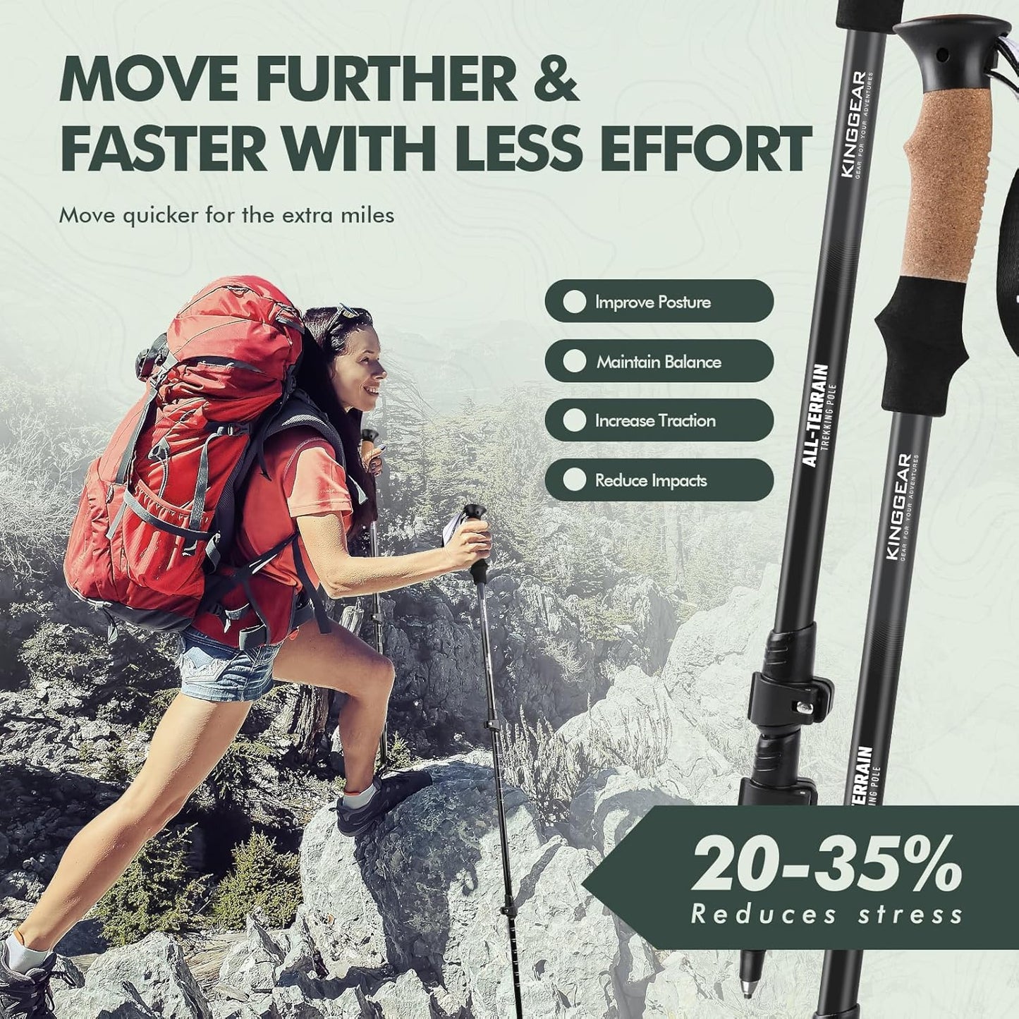 KINGGEAR Nordic Walking Stick, TP1 Hiking Poles Retractable Lightweight 7075 Aluminum, Trekking Poles with Flip Lock, Natural Cork and EVA Grip, 2pc Hiking Gear
