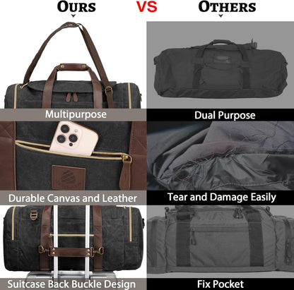 50L Duffle Bag for Men, Nomad Waxed Canvas Travel Duffel Bag Vintage Genuine Leather Travel Handbag Upgraded Weekender Overnight Backpack with Shoes Compartment (Vintage Black, Large-50L)