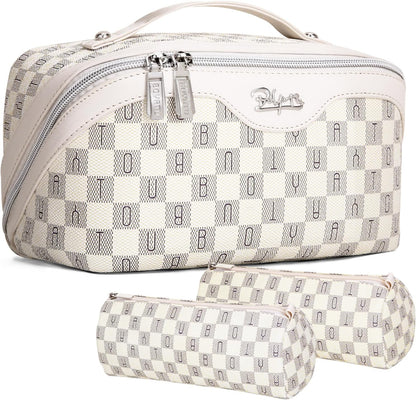 BOYATU Travel Makeup Bag Cosmetic Bags for Women: 3 Pcs Set Portable Make up Bag with Handle - Vegan Leather Toiletry Bags with Compartments - Makeup Organizer for Travel Essentials(02-Beige)