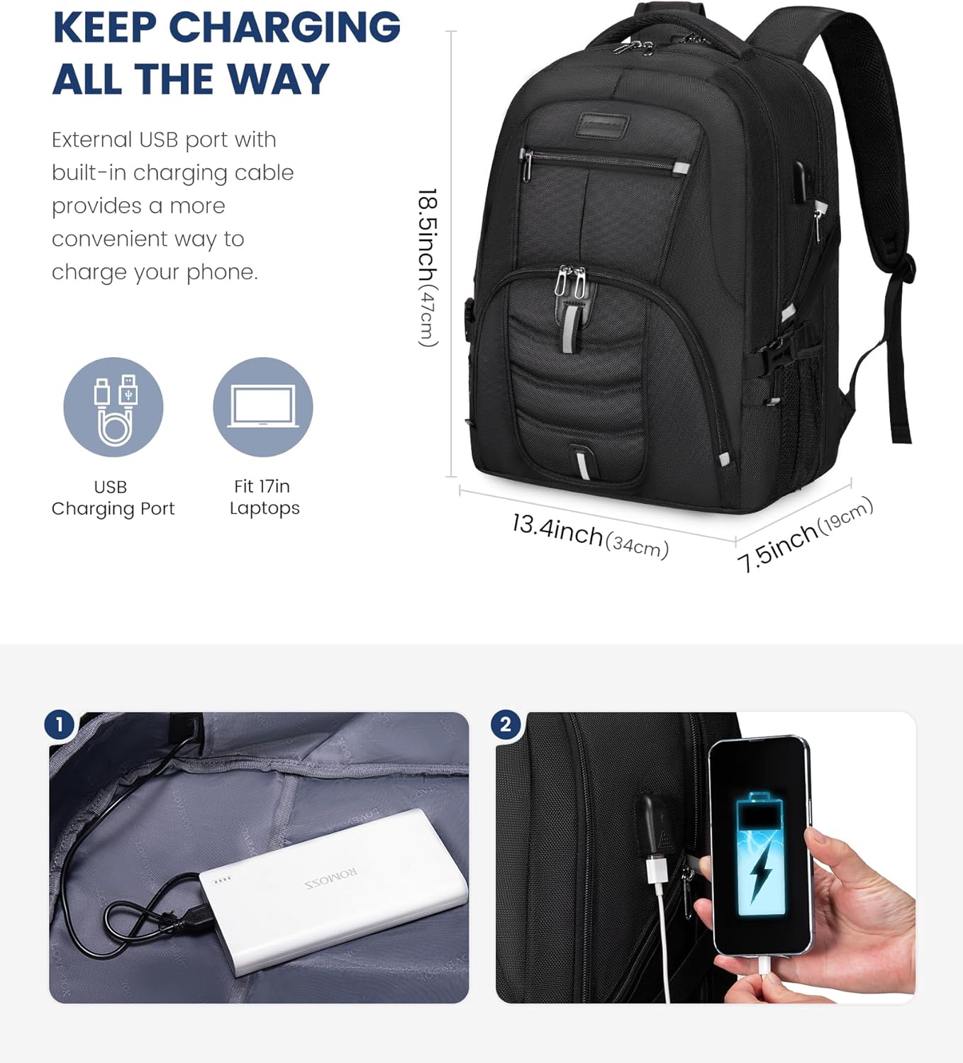 LOVEVOOK Travel Laptop Backpack Waterproof Anti Theft with Lock and USB Charging Port Large Computer Business Backpack for Men College Students (17 inch, Black)