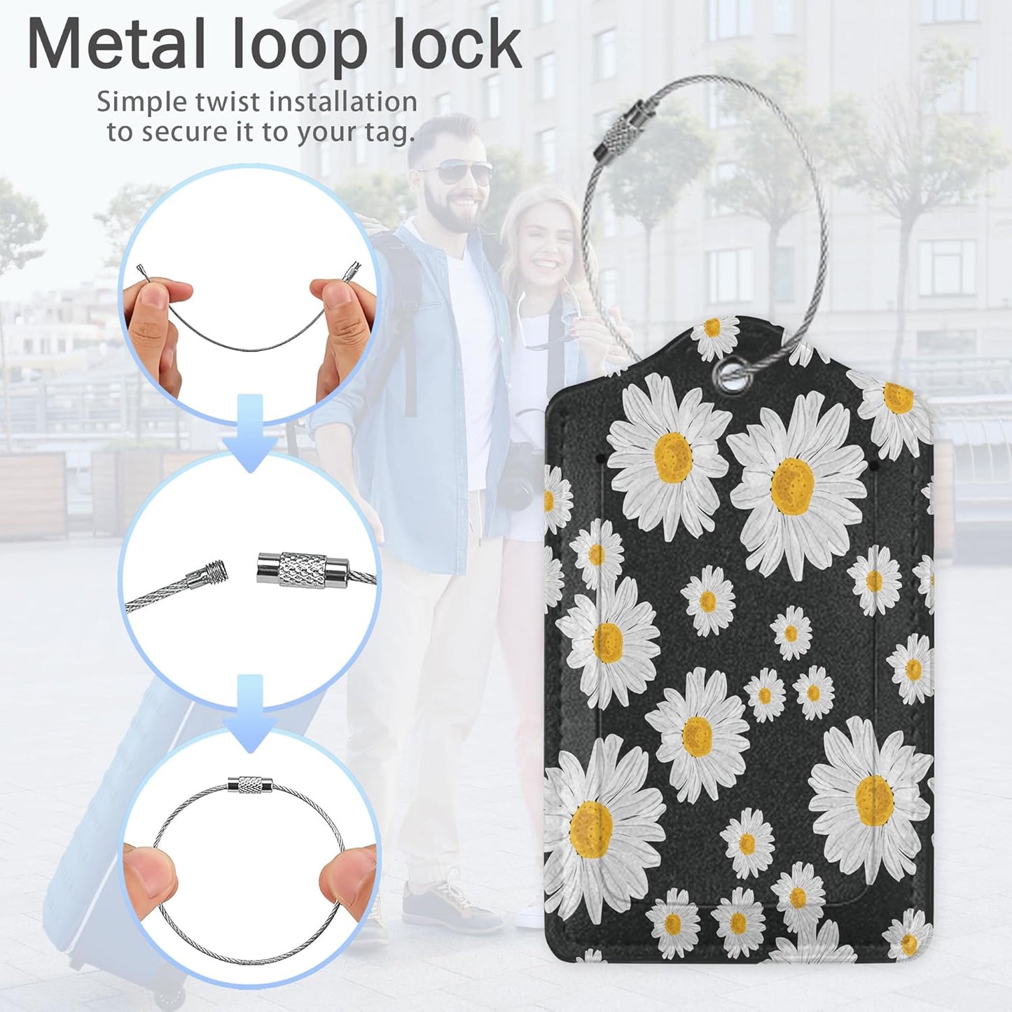 Daisies Luggage Tags,2 Pack Luggage Tag,Leather Privacy Cover ID Label with Stainless Steel Loop for Women Men Kids Girls Travel