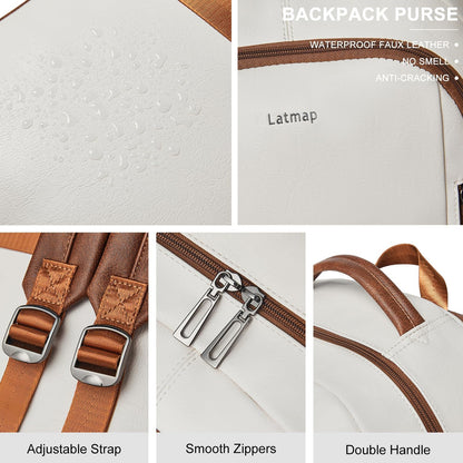 30L Business Laptop Backpack for Women Men, Travel Work Backpack Purse Faux Leather College Bookbag fits 15.6" Laptop - Beige