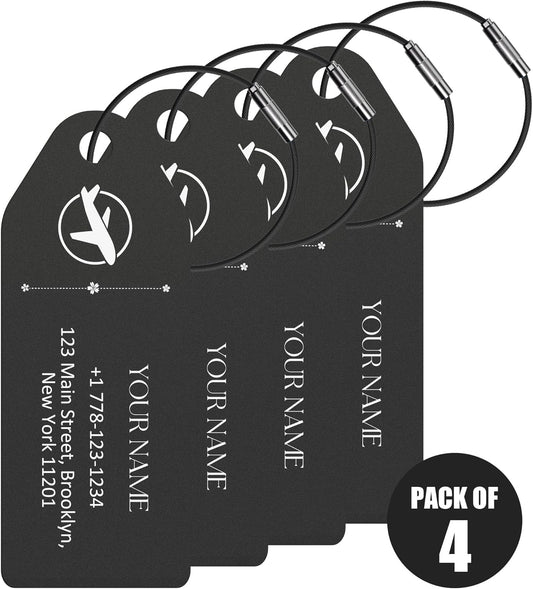4 PCS Personalized Metal Luggage Tag – Personalized Engraved Suitcase Tag, Backpack Tag, with Matching Color Strap, Waterproof Suitcase Name Badge – Ideal Corporate Gift & Travel Accessory (Black)