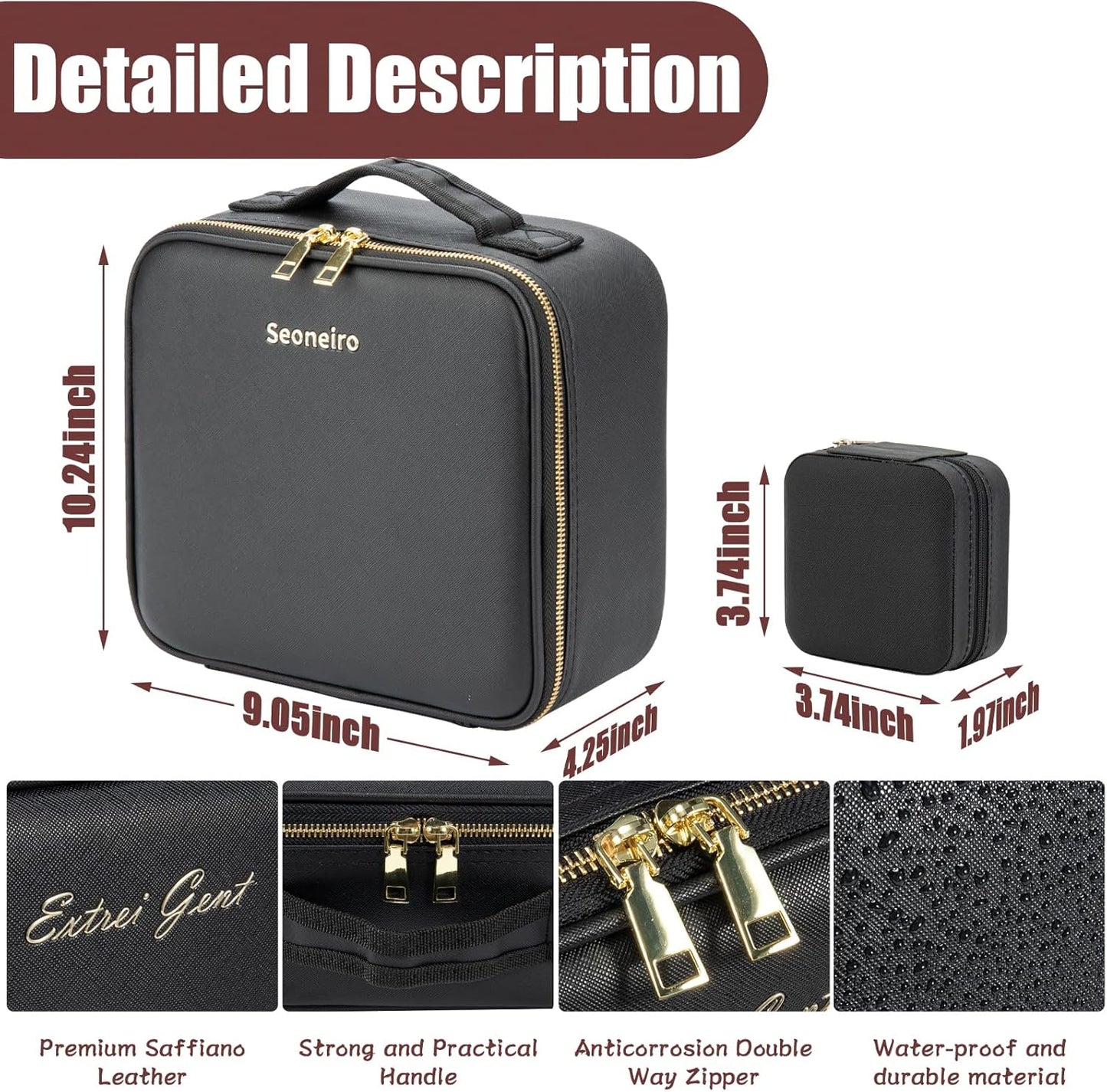 Makeup Travel Train Case with Mirror LED Light 3 Adjustable Brightness Large Cosmetic Bag Portable Storage Adjustable Partition Waterproof Makeup Brushes Make up Jewelry Gift for Women