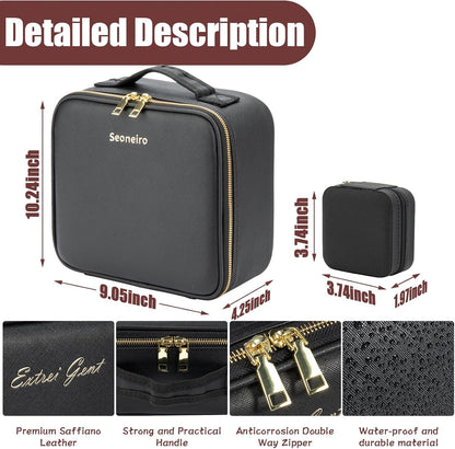 Makeup Travel Train Case with Mirror LED Light 3 Adjustable Brightness Large Cosmetic Bag Portable Storage Adjustable Partition Waterproof Makeup Brushes Make up Jewelry Gift for Women