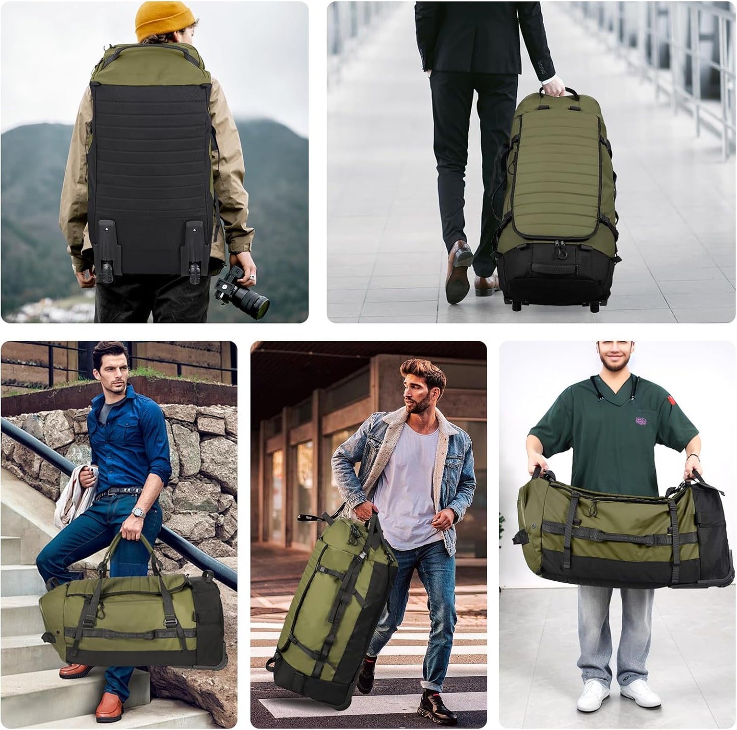 85L 29“ Foldable Rolling Backpack with Wheels, Soft-Side Travel Duffle Bag with Separate Shoe Compartment, Full Quilted Bottom, Army Green