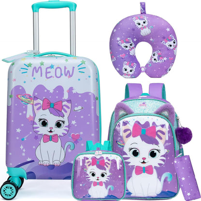 Cute Cat Kid’s Luggage Set 5 Piece Suitcase Set 16’’ Hardside Luggage with Spinner Wheels Girls Boys Carry on Toddler Luggage Travel Rolling Luggage Carry on Luggage Airline Approved