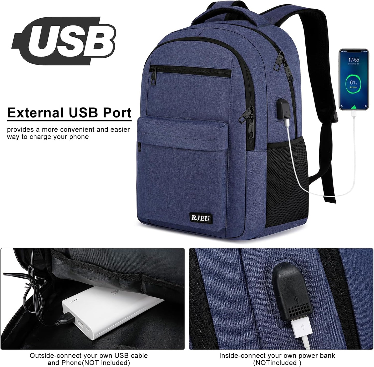 Laptop Backpack for Men Teens Boys, Water-Resistant 15.6 Inch College Bookbag with USB Charging Port, School Backpack for Students, Blue