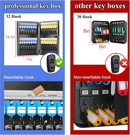 32 Key Cabinet Organizer, Lock Box, Security Storage for Valets, Hotels, Car and House Keys, Key Keeper Box - Black