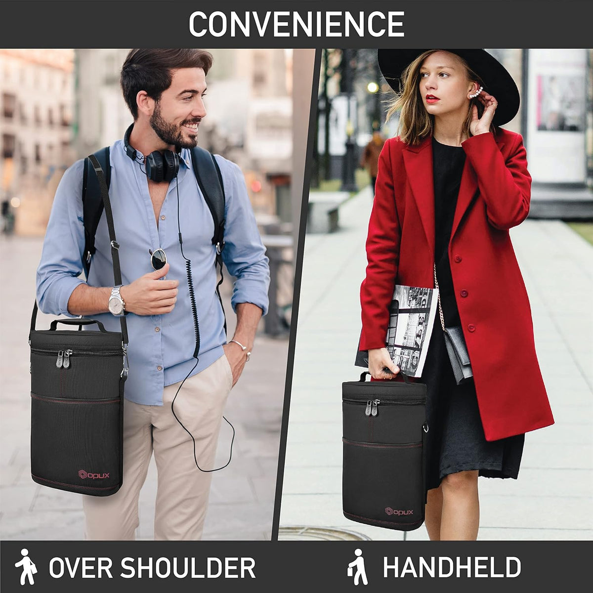 opux 2 Bottle Wine Carrier Tote, Insulated Leakproof Wine Cooler Bag, Wine Travel Bag Tote for Picnic BYOB Beach, Portable Wine Bottle Carrying Case, Gift for Wine Lover Women Men Christmas, Black