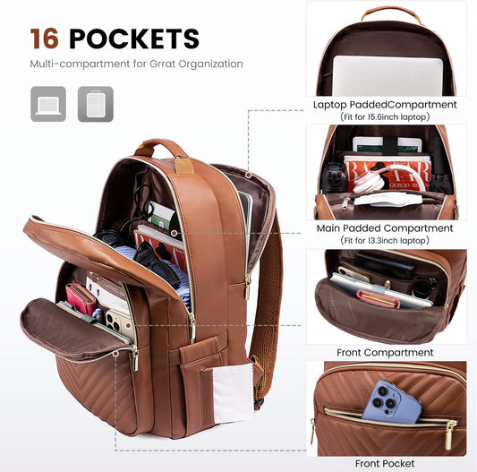 LOVEVOOK Laptop Backpack Purse for Women, Large Capacity Travel Computer Work Bag, Faux PU Leather Quilted Casual Nurse Backpack for Womens, Fit 15.6 Inch Laptop with USB Port, Brown