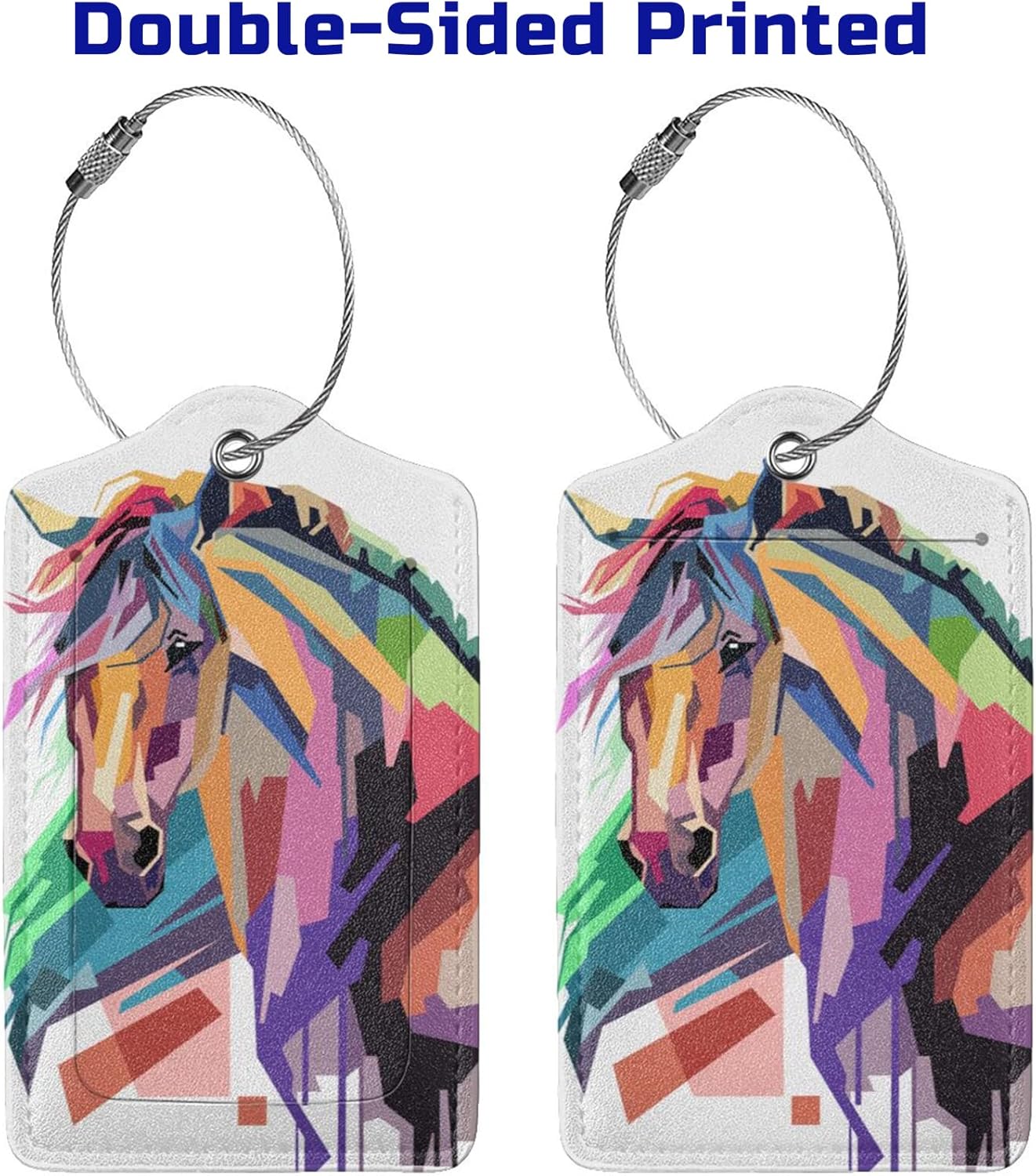 Horse Luggage Tags Set of 2 Suitcases Tags, Leather Bag Tags Artistic Animals Pattern Backpack Travel Bag, Cool Name Labels Identifiers Baggage Tags Women Girls Men Boys, 4.6 x 2.7 In