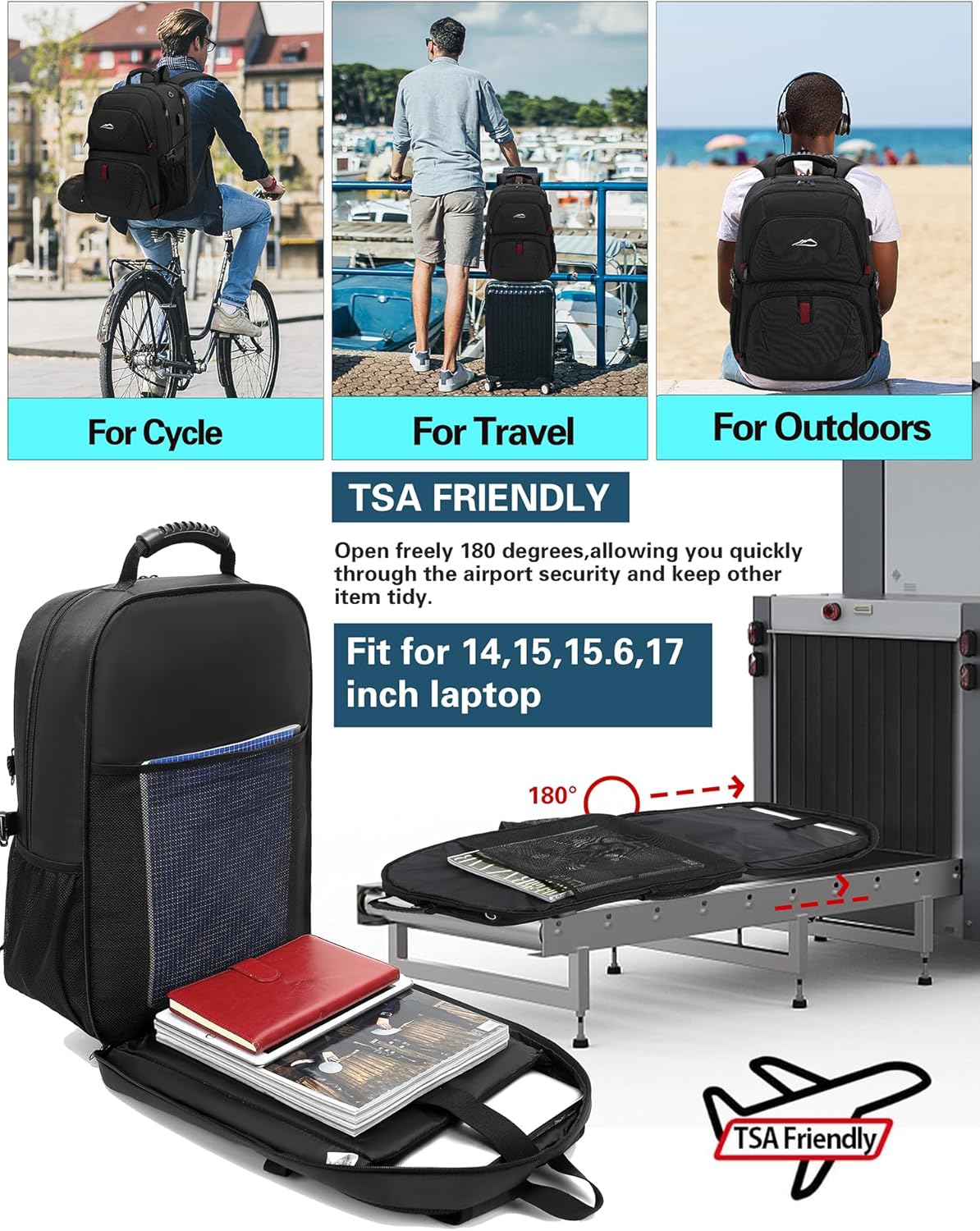 ProEtrade Travel Backpack, Extra Large Laptop Backpack School Business Anti Theft TSA Approved College Work Computer Bag Fits 17 Inch Laptop with USB Charging Port Bookbag for Women Men(Black)