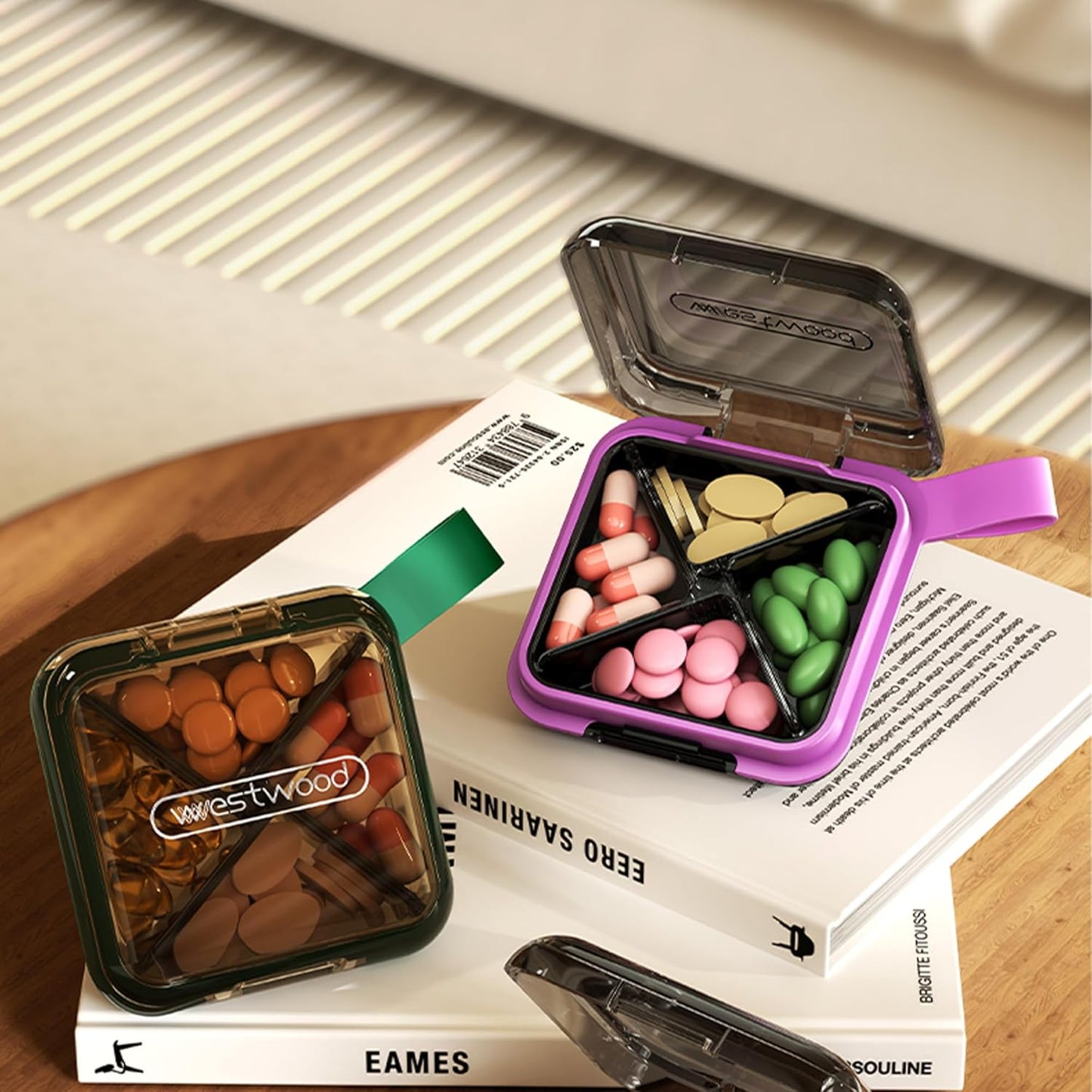 1 Pack Purple Pill Organizer with Strap, 4 Compartments, Compact Travel Pill Box Case, Portable and Moistureproof to Store Vitamins, Medication and Supplements