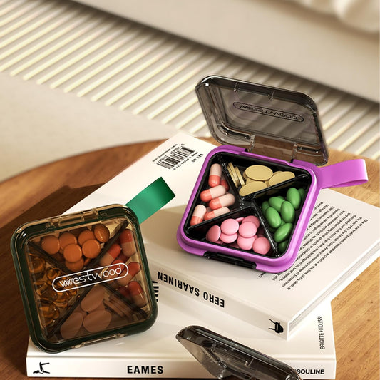 1 Pack Purple Pill Organizer with Strap, 4 Compartments, Compact Travel Pill Box Case, Portable and Moistureproof to Store Vitamins, Medication and Supplements