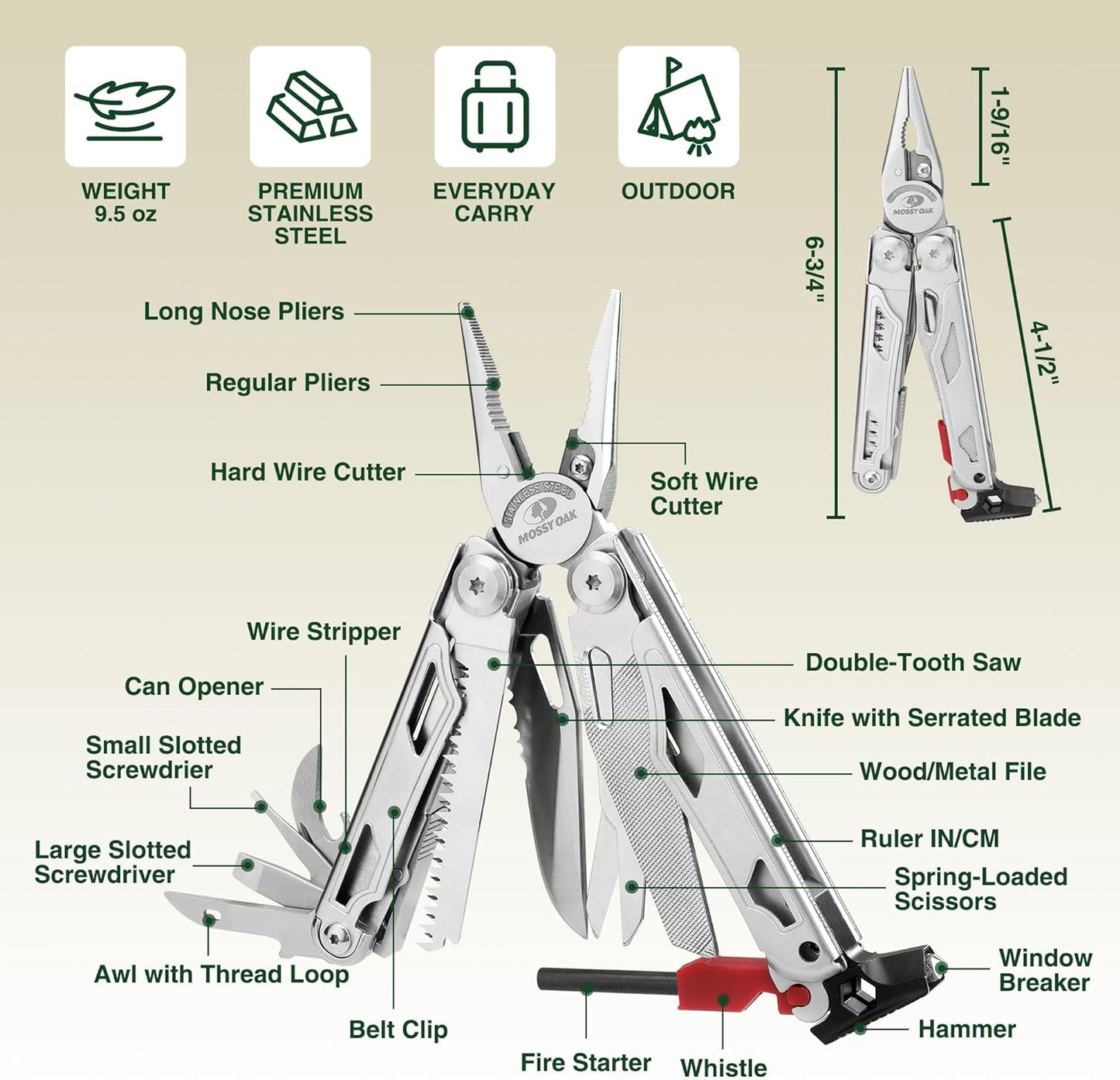 MOSSY OAK Multitool, 19-in-1 Stainless Steel Multi Tool Pliers, Self-locking EDC Gear with Sheath for Outdoor, Survival, Camping, Hiking, Father Day Gifts