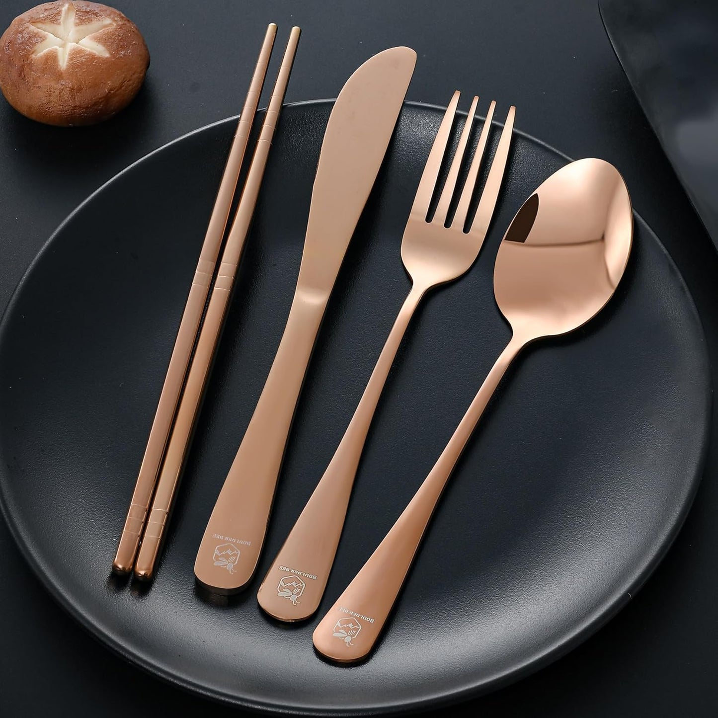 Boulder Bee Travel Utensils Set | Reusable Camping Cutlery Set | Stainless Steel Flatware Set | Portable Silverware Set with Case | Includes Knife/Fork/Spoon/Chopsticks/Cleaning Cloth/Case (Rose)