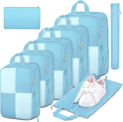 8 Set Compression Packing Cubes Travel, Lightweight Expandable Travel Cubes Suitcase Organizer for Carry On Luggage Suitcase, Light Blue