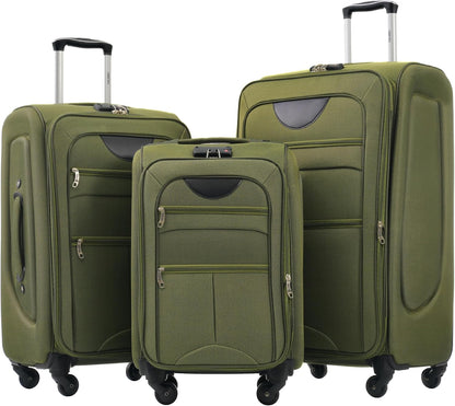 Merax Softside Luggage Set Softshell Lightweight 3 Piece Spinner Suitcase 22" 26" 30" Army Green