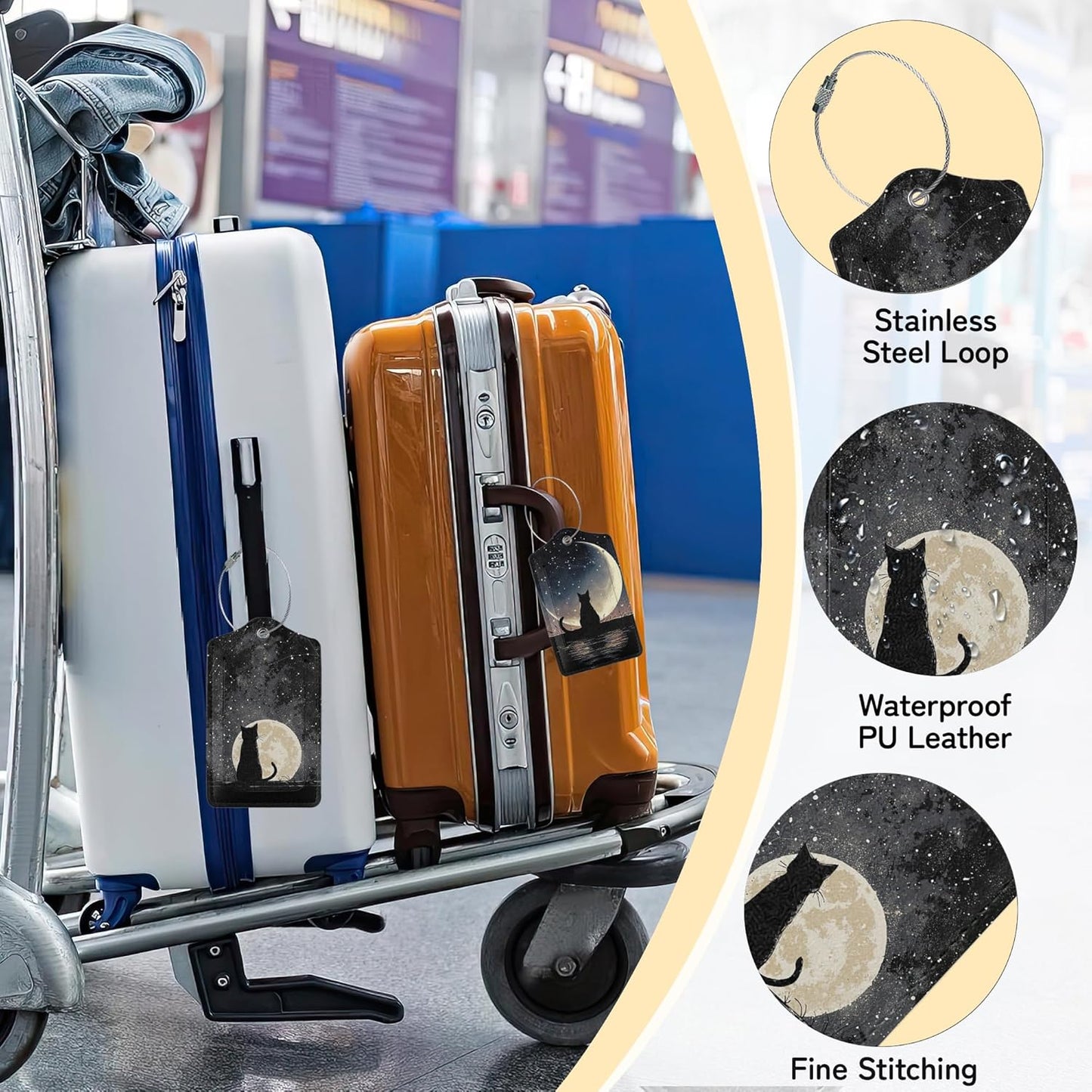 3 Pack Black Cat Luggage Tags for Suitcases, Moon Night Cute Leather Name Tag with Privacy Cover with Stainless Steel Loops, Travel ID Bag Tags for Women Men