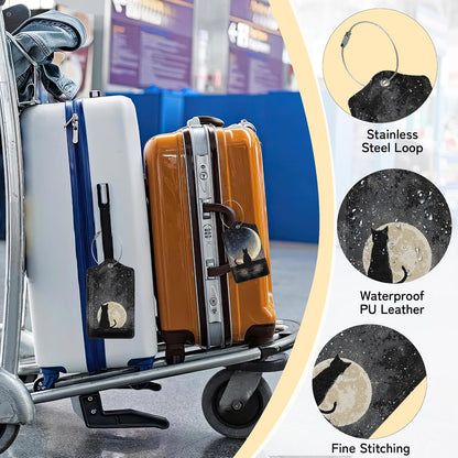 3 Pack Black Cat Luggage Tags for Suitcases, Moon Night Cute Leather Name Tag with Privacy Cover with Stainless Steel Loops, Travel ID Bag Tags for Women Men