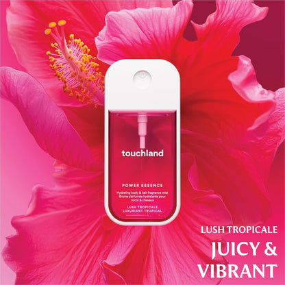 Touchland JUICY ESCAPE Body and Hand Mist Essentials (Lush Tropicale Body & Hair Fragrance Mist, 2 FL. OZ. + Wild Watermelon Hydrating Hand Sanitizer Spray 1FL.OZ.), Travel Size Set