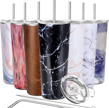 THILY Stainless Steel Vacuum Insulated Tumbler Travel Mug 26 oz Coffee Cup with 2 Lids and Straws, Splash Proof, Keep Ice Drinks Cold, Black Marble
