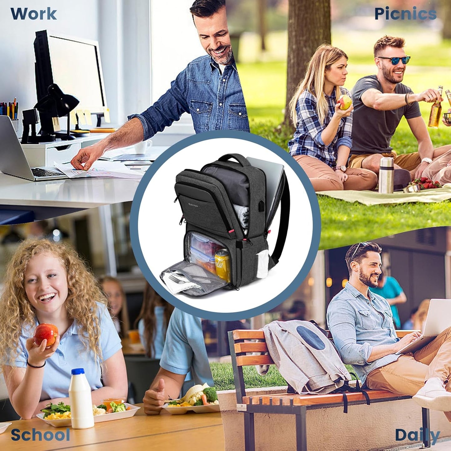 Lunch Backpack, 17.3 Inch Large Lunch Backpack Insulated Cooler Bag Travel Laptop Backpack with USB Port for Men Women, RFID Blocking for Work Picnics Black