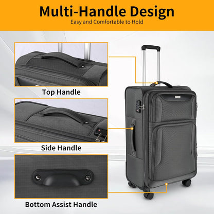 3-Piece Softside Expandable Luggage Set with Front Open Pocket, Lightweight and Durable Oxford Fabric Suitcase Set with TSA Lock (Gray, 20in/24in/28in)